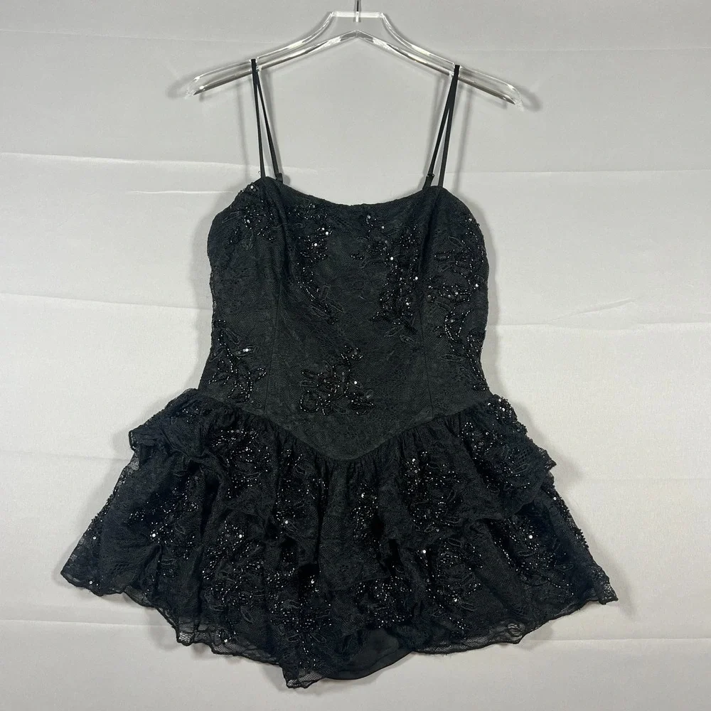 Windsor Midnight Magic Mini Dress Women Large Black Sequin Lace Spaghetti Straps